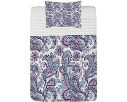 ABAKUHAUS Paisley Microfiber Bedspreads Set, Bohemian Flower Land, Zacht Beddengoed Set met kussenslopen en quilt, 170 cm x 220 cm, Wit Violet Blauw