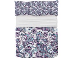 ABAKUHAUS Paisley Microfiber Bedspreiset, Bohemian Flower Land, Zacht beddengoed met kussenslopen en quilt, 264 cm x 220 cm, Wit Violet Blauw