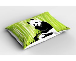 ABAKUHAUS Panda Kussensloop, Panda Beer In Exotisch Bos Jungle Oosters Natuur Wildleven Tropisch Cartoon Kunst, 65 X 50 Cm, Wit Zwart Limoengroen