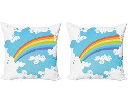 ABAKUHAUS Regenboog Decoratieve Kussenhoes, Set van 2, Wolken op Blauwe Wervellijnen, Modern Accent Dubbelzijdige Digitale Print, 40x40 cm, Multicolor