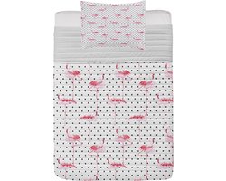 ABAKUHAUS Retro Microfiber Bedspreiset, Flamingo Birds Polka dots, Zacht beddengoed met kussenslopen en quilt, 170 cm x 220 cm, Bleek Roze Wit