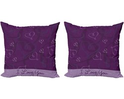 ABAKUHAUS Romantisch Sierkussenhoes Set van 2, Indigo Paars Harten, Modern Accent Dubbelzijdige Digitale Print, 40x40, Aubergine Lila