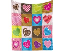 ABAKUHAUS Romantische zachte flanellen fleece deken, patchwork met hartjesmotief, knusse pluche plaid, 175 x 230 cm, veelkleurig