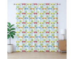 ABAKUHAUS Rustiek babygordijn, geruit met auto's en bomen, geplooid slaapkamergordijn met lussen en haken, 280 x 260 cm, rood, groen, lichtblauw