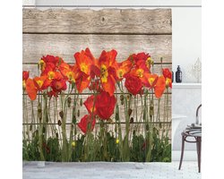 ABAKUHAUS Rustiek Douchegordijn, Bloeiend Klaprozen-Bloemen, Stoffen Badkamerdecoratieset met Haken, 175 x 200 cm, Oranje Bruin