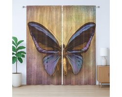 ABAKUHAUS Rustiek gordijn met vlinders, monarchvlinder, met lussen en haken voor de woonkamer, 280 x 175 cm, geel, paars, bruin