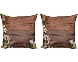 ABAKUHAUS rustieke houten sierkussens, set van 2, wit bloemenarrangement, modern accent, dubbelzijdige digitale print, 40x40 cm, bruin, ivoor en groen