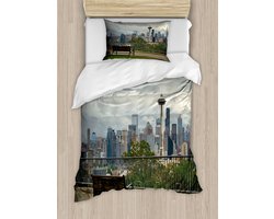 ABAKUHAUS Seattle Skyline Dekbedovertrekset voor eenpersoonsbedden, Kerry Park View, inclusief kussensloop, 130 x 200 cm