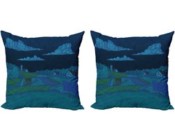 ABAKUHAUS Sierkussenhoes met zomers thema, set van 2, Nachtlandschap, moderne accenten, dubbelzijdige digitale print, 45x45 cm, Blauwgroen