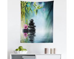 ABAKUHAUS Spa-Thema Wandkleed King-formaat, Toren Steen en Hibiscus met Takken op Water Wazig Achtergrond, Wandkleed Bedsprei Bedhoes Wanddecoratie, 60 x 70 cm, Petrolblauw Blauw Limoengroen Groen