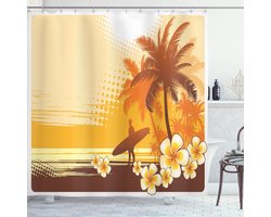 ABAKUHAUS Surfing Douchegordijn, Surfer Tropisch Landschap, Stof Stoffen Badkamerdecoratie Set met haken, 175 x 220 cm, Geel Bruin-Oranje