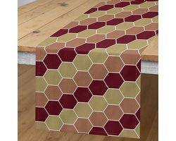 ABAKUHAUS tafelloper – maroon/khaki, 40x180 cm, hexagonontwerp