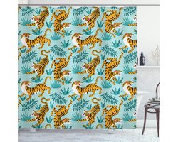 ABAKUHAUS Tropisch Douchegordijn, Tiger Jungle Forest Exotisch, Stoffen Badkamerdecoratieset met haak, 175 x 180 cm, Licht Turquoise Goudsbloem