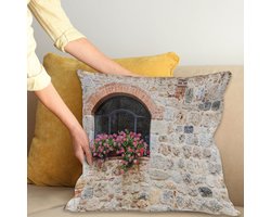 ABAKUHAUS Tuscan Sierkussenhoes, Gothic Architecture Abandoned Oud Steen House Vintage Stairs in Tuscany, Decoratieve Vierkante Sierkussenhoes, 70 x 70 cm, Ivoor Roze en Salmon