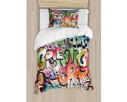 ABAKUHAUS Urban Graffiti Dekbedovertrekset voor eenpersoonsbedden, Blockbuster Keywords, inclusief kussensloop, 130 x 200 cm