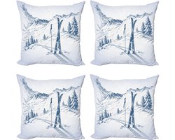 ABAKUHAUS Winter Decoratieve Kussens, Kussenslopen, Set van 4, Ski Sport Bergzicht, Modern Accent, Dubbelzijdige Digitale Print, 40 x 40 cm, Blauw Wit