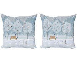 ABAKUHAUS Winterdecoratiekussen – kussenhoes 45x45 cm – 2-delige set, dubbelzijdig bedrukt, blauw-beige