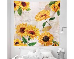 ABAKUHAUS Zonnebloem Wandkleed Queen-formaat, Romantisch Bloemen op Oud Ouderwets Letters Postcards Newspapers, Wandkleed Bedsprei Bedhoes Wanddecoratie, Queen-formaat, Varen Groen
