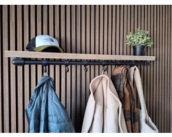 ABsteigerhout Kapstok Steigerbuis 70 cm Zwart - 6 Haken - Industriële Wandkapstok met Steigerhout Plank