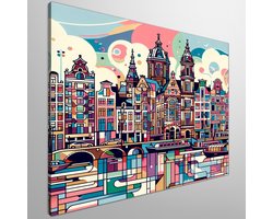 Abstract amsterdam schilderij | Amsterdamse architectuur verweven in surrealistisch kleurenspel op doek | Kunst - 60x60 centimeter op Canvas | Foto op Canvas