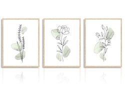 Abstract Botanische Wanddecoratie Posters - Minimalistische Sage Groene Bloem Motieven voor Slaapkamer en Woonkamer - Set van 3 - 12x16 inch