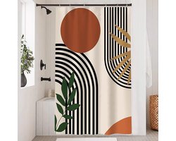 Abstract douchegordijn - geometrisch terracotta douchegordijn met zwarte lijnen - anti-schimmel - waterdicht polyester - wasbaar badgordijn met 8 haken - 120x180cm
