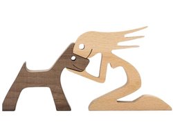 Abstract Houten Beeldje van Vriendschap tussen Mens en Hond – Sculptuur en Ornamentenset