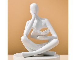 Abstract kunstbeeld van een denker - een lezende denker, een sculptuur, moderne woondecoratie, geschikt voor woonkamer, kantoor, salontafel, bureaudecoratie (wit) 8,5*6*11,5 cm