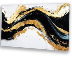Abstract zwart-goud kunstwerk - Abstract portret - Wanddecoratie canvas golven - Abstract expressionisme - Landelijke schilderijen - Wanddecoratie woonkamer - Canvas 90x60 cm