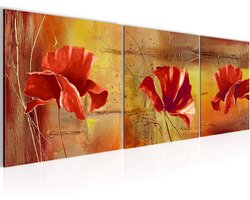 Abstracte 3-delige Wanddecoratie Schilderij Papavers Rood Geel - Fleece Canvas - 90x30 cm