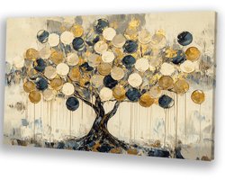 Abstracte boom met gouden bladeren - Wanddecoratie goud - Natuur - Abstracte kunst - Woonkamer muurdecoratie industrieel - Decoratie slaapkamer - Canvas schilderij 70x50 cm