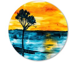 Abstracte boom met zonsondergang - Landschap muurcirkel - Wandobject rond boom - Abstracte kunst - Dibond wandkunst rond - Wanddecoratie woonkamer - muurcirkel aluminium 60x60 cm