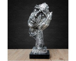 Abstracte en creatieve bureau-decoraties De Denker Standbeeld, Hand- en gezichtsbeelden en sculpturen voor Huis Wonen Kamer Decor (Nee Horen, Zilver)