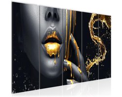 Abstracte Kunst Afbeelding Lippen Zwart Goud op Fleece Canvas - Wanddecoratie Huiskamer Slaapkamer