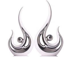 Abstracte Kunst Woondecoratie - Keramische Sculptuur Tafeldecoratie - Interieur Verfraaien - Vlamvorm Geïnspireerd - Niet gespecificeerd - Wit en Zilver