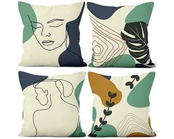 Abstracte kussenhoezen set van 4 - Boho minimalistische vierkante kussenslopen met vrouwelijke en mannelijke gezichten, bladeren en geometrische lijnen