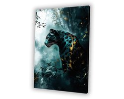 Abstracte panter in gouden jungle - Luipaard wanddecoratie - Wandkunst panter - Surrealistisch - Schilderijen op canvas industrieel - Slaapkamer accessoires - Canvas 60x90 cm