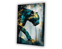 Abstracte panter in teal en goud - Luipaard canvaskunst - Schilderijen panter - Abstracte kunst - Wanddecoratie landelijk - Woondecoratie - Canvas 100x150 cm