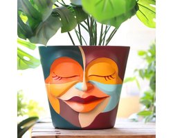 Abstracte regenboog hoofd plantenbak - Unieke gezicht plantenpot 20 cm met drainage - Eclectische bloembakken potten voor binnen- en buitenplanten - Grappige kamerdecoratie rood en
