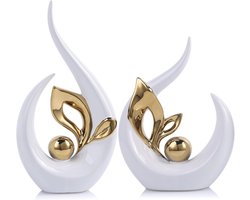 Abstracte Sculpturen Wit Goud voor Thuisdecoratie – Luxe Keramische Kunst voor Tafels, Planken en Entertainment Centers