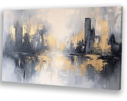 Abstracte stad met gouden accenten - Stad wanddecoratie - Muurkunst skyline - Abstract expressionisme - Woonkamer decoratie industrieel - Kunst op canvas - canvas 120x80 cm