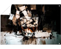 Abstracte whisky stilleven kunst - Glas tuindecoratie - Tuinkunst object - Kubisme - Weerbestendige tuinposter - Grote tuinposters - tuinposter 120x80 cm