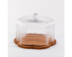 Acacia – Bloemvormige Glazen Stolp met Plateau van Acaciahout – Geribbeld Glas – Ø22,5 cm – H18 cm – Glass Dome voor Gebak, Kaas, Snacks of Decoratie