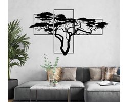 Acacia Levensboom modern deco muurdecoratie in 3 stuks - Wanddecoratie - Muursticker - Zwart - Houten art - Muurdecoratie - Line art - Wall art - Bohemian - Wandborden - Woonkamer - 120x80 cm - wandecoratie woonkamer