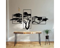 Acacia Levensboom wanddecoratie – Modern bohemian muurdecoratie – Houten line art – Zwarte wandborden – 120x80 cm – Woonkamer wall art