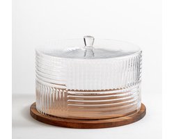 Acacia – Luxe Glazen Taartstolp met Acaciahouten Onderbord – Rond – Ø30,5 cm – Transparante Geblokte Deksel – Hoogte: 20,5 cm – Stijlvolle Taartdoos voor Serveren en Bewaren