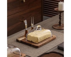 Acaciahouten botervloot met mes en glazen deksel voor kaas, boter, cake en dessert. Serveerschaal. Elegant keukengerei (2 messen).