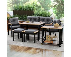 Acaciahouten eettafel en stoelenset, tuinmeubilair, 6-7 persoons tuin eettafel en stoelenset met fauteuils en afneembare eetkar, afneembare en wasbare stoffen hoes