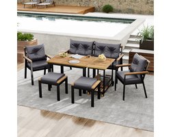 Acaciahouten eettafel en stoelenset - tuinmeubilair - 6-7-zits tuintafel en stoelenset met fauteuils en afneembare eettrolley