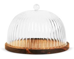 Acaciahouten Taartplateau - serveerschaal - Serveerplank met borosilicaatglas deksel – Ø 22 cm - Taarthouder - Glazen stolp